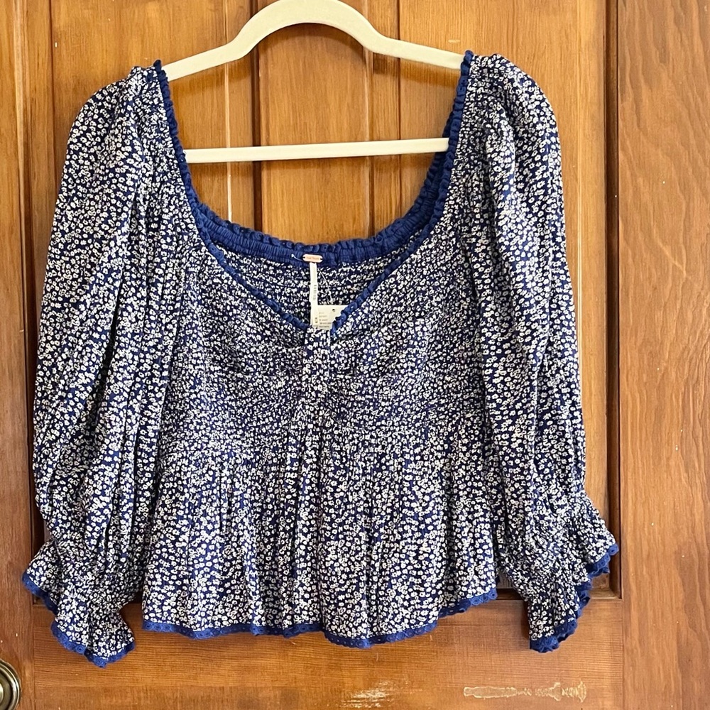 Free People Navy and White Floral Blouse